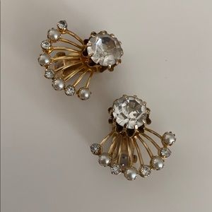Vintage Rhinestone Pearl Clip On Wedding Earrings